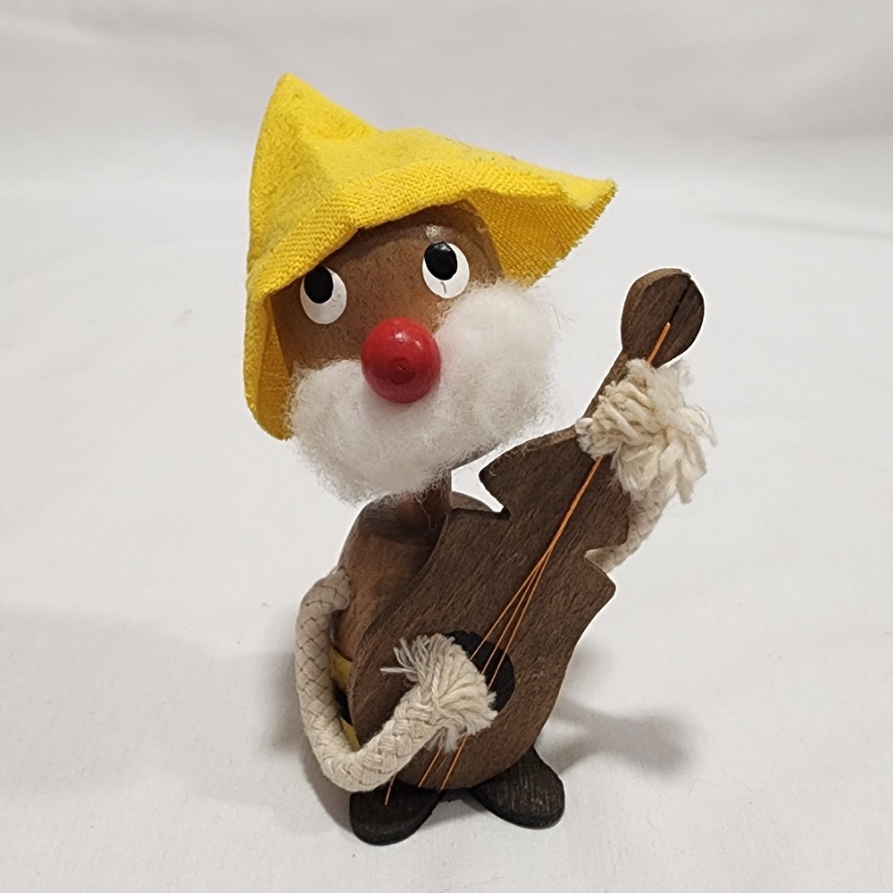 Vintage Wooden Fisherman Gnome Musician Figurine Yellow Rain Hat Rope Arms 4.5"